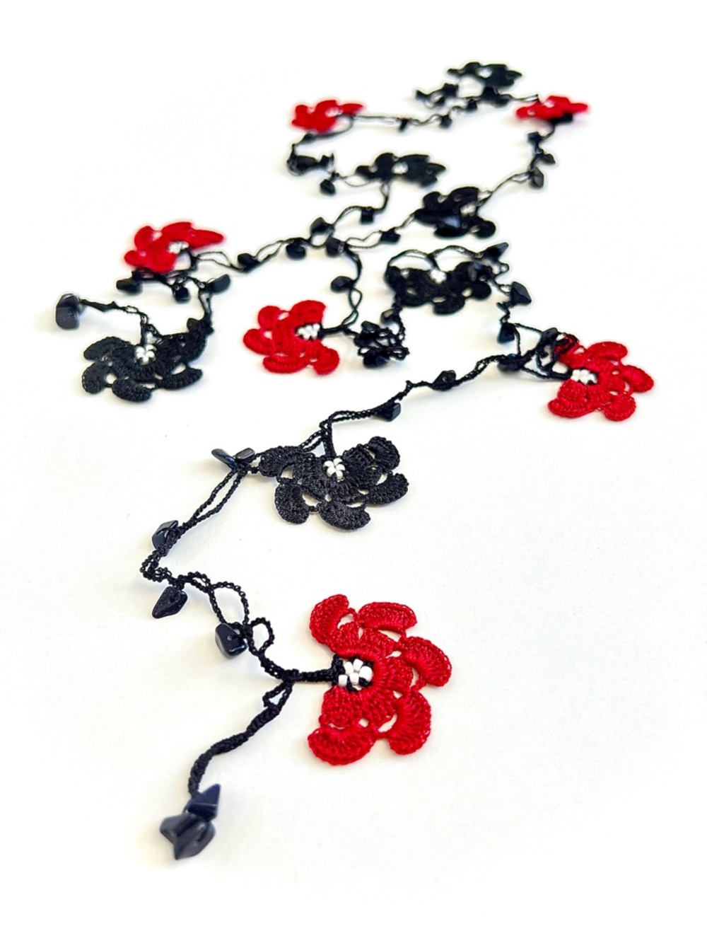 Artisan Floral Crochet Beaded Lariat Long Statement Necklace
